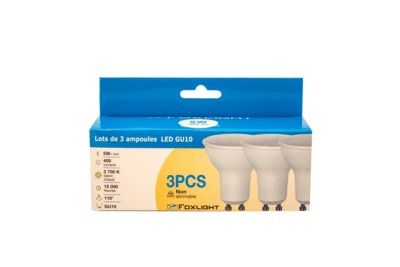 Lot de 3 ampoules LED spot GU10 5W = 400 lumens blanc chaud - FOXLIGHT