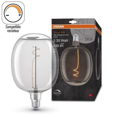 Ampoule LED Ballon E27 Filament clair variable 4,8W=400 lumens Blanc chaud OSRAM