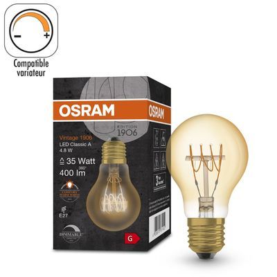 Ampoule LED Standard E27 Ambrée variable 4,8W=400 lumens Blanc chaud OSRAM