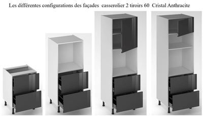 Façade de cuisine 2 casseroliers Cristal anthracite 60 cm pour meuble bas