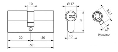 Cylindre de serrure haute sûreté 30 x 30 mm Transit 1 par 2 s'entrouvant THIRARD