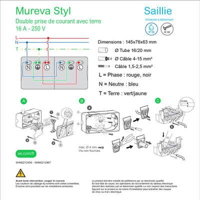 Double prise étanche horizontale IP55 saillie précâblée blanc - Mureva Styl SCHNEIDER ELECTRIC