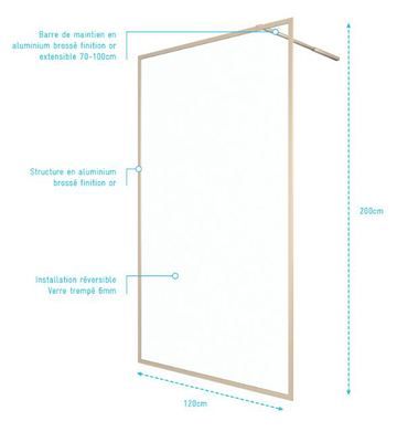 Paroi fixe douche à l'italienne Golden Edge or brossé transparent 120 x 200 cm AURLANE