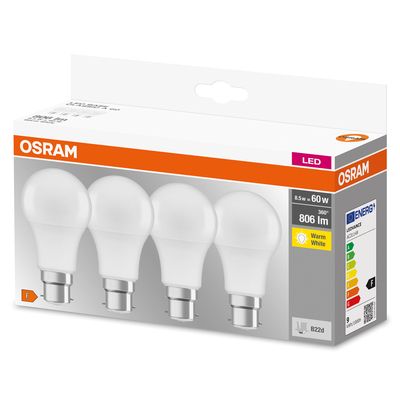 Ampoule LED standard B22 8,5W=806 lumens blanc chaud par 4 OSRAM