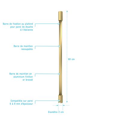 Barre de fixation plafond or brossé 60 cm redécoupable paroi de douche à l'italienne AURLANE