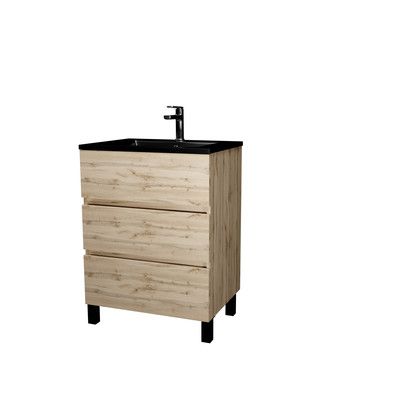 Meuble de salle de bains sur pieds 3T Timber chêne naturel vasque céramique noire L 60 cm AURLANE