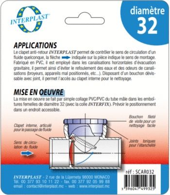 Clapet anti-retour PVC diamètre 32 INTERPLAST