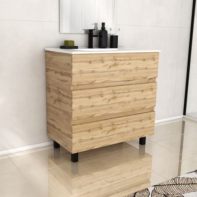 Meuble de salle de bains sur pieds 3T Timber chêne naturel vasque céramique blanche L 80 cm AURLANE