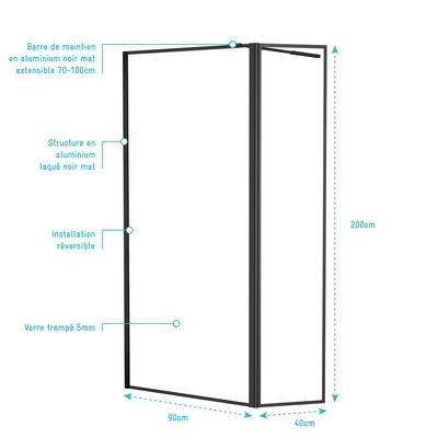 Paroi de douche avec déflecteur Dark Edge 90+40x200 cm AURLANE