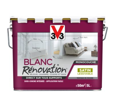 Peinture blanche rénovation séjour, chambre, cuisine et bain 2en1 satin 5 l V33