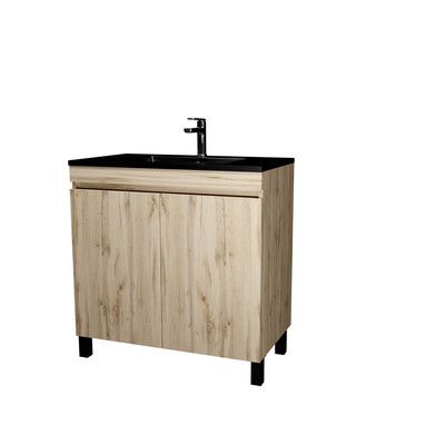 Meuble de salle de bains sur pieds 2P Timber chêne naturel vasque céramique noire L 80 cm AURLANE