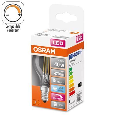 Ampoule LED Sphérique E14 Filament clair variable 4,8W=470 lumens blanc neutre OSRAM