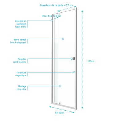 Porte de douche pivotante Spot 69 à 80 cm AURLANE