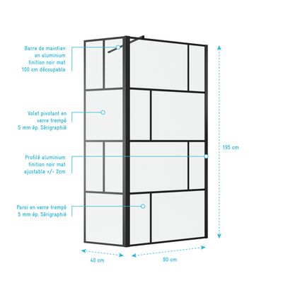 Paroi de douche avec déflecteur Bricks 90+40x195 cm AURLANE